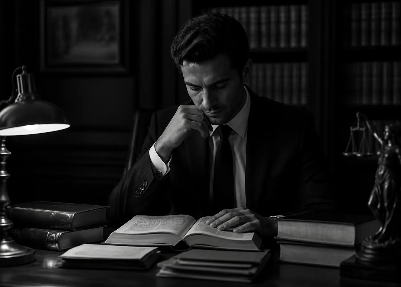 Abogado del estudio jurídico analizando legislación